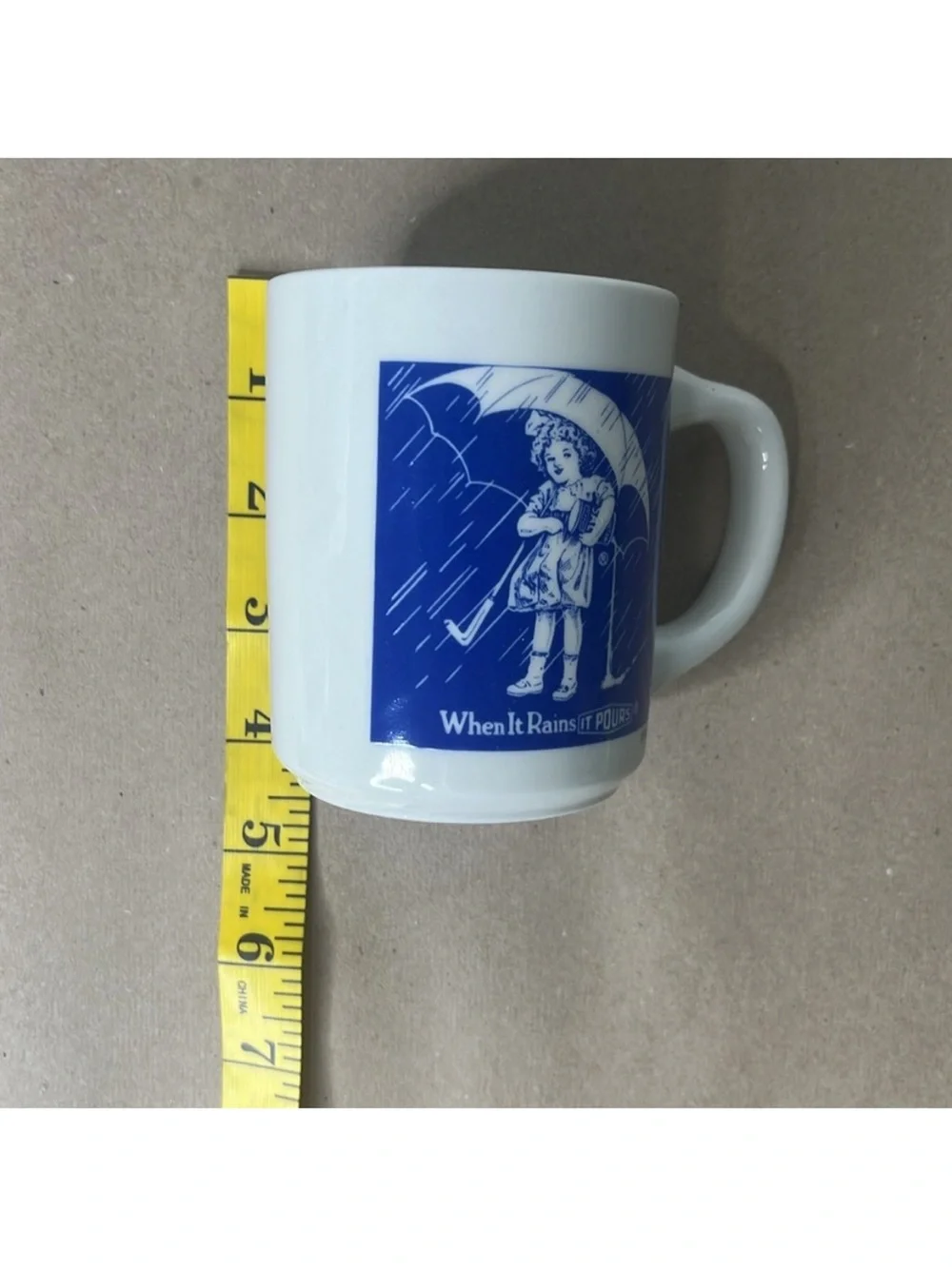 Vintage Morton’s Salt Blue & White 'When It Rains It Pours' 1921 Advertising Mug